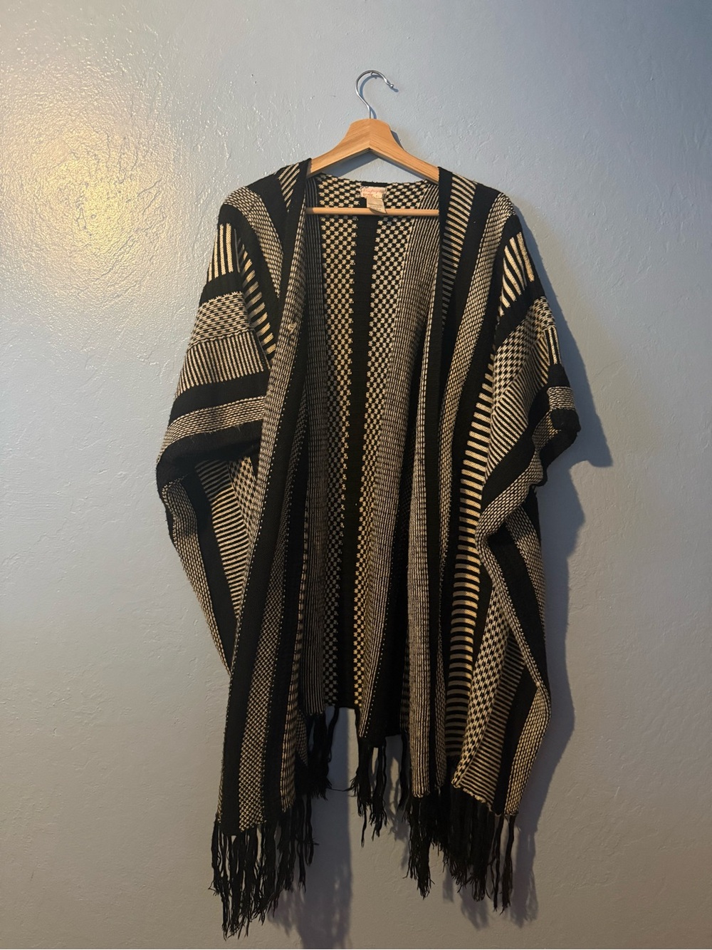 Free People Black & Cream Geometric Fringe Open-Front Poncho